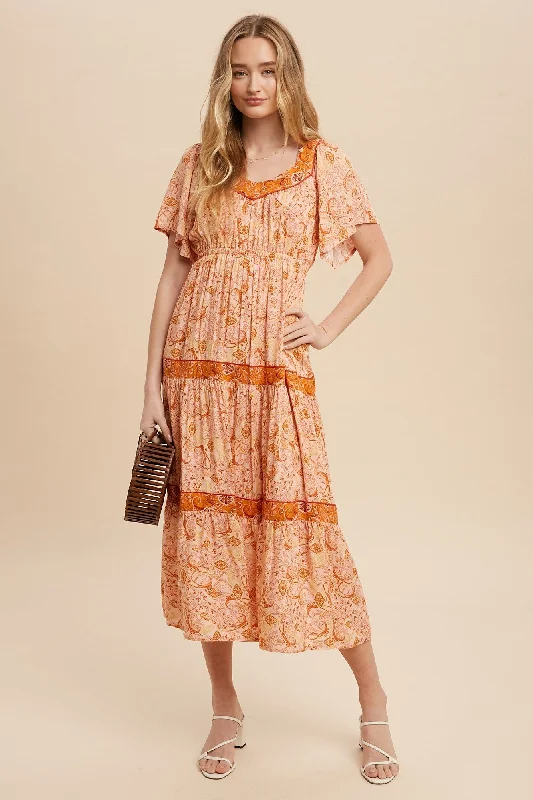 Discount Mania sophisticated dressRust Border Print Tiered Midi Dress