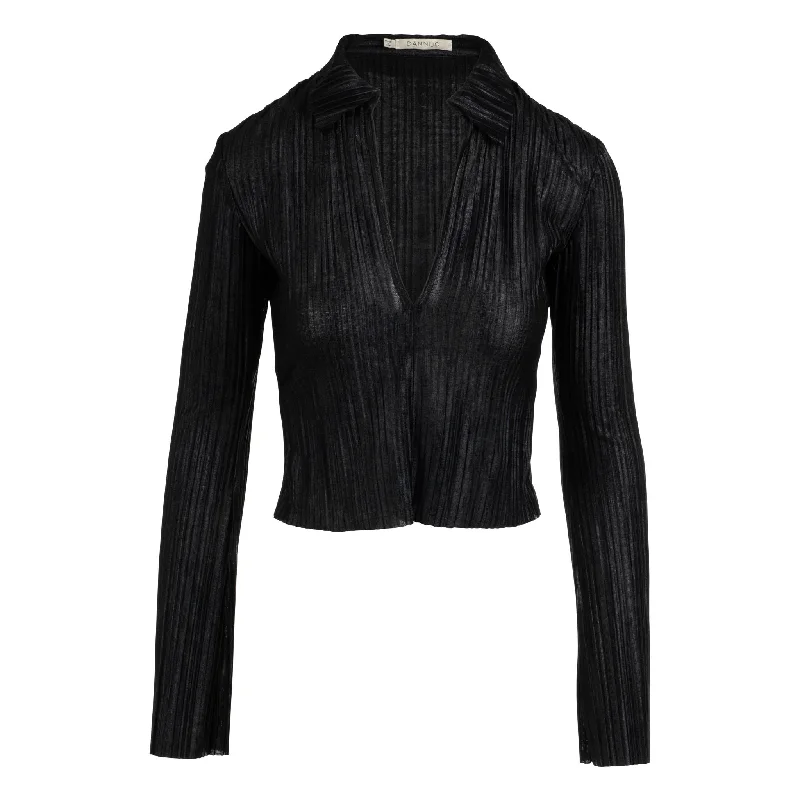 Huge Discounts Long Sleeve Pleated Polo Top | Noir