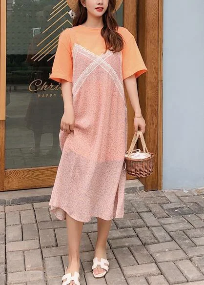 Exclusive Online Offer form-fitting dressHandmade orange prints chiffon Tunics two pieces loose summer Dress