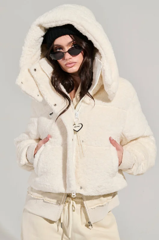 Price Reduction cozy winter coatMARDIE FUZZY BEIGE HOODED PUFFER
