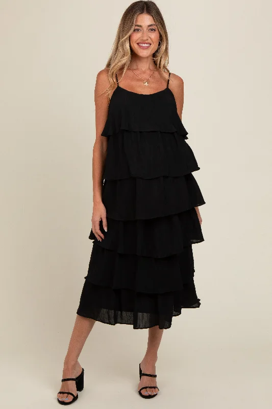 Factory Direct Sale high-waisted dressBlack Tiered Maternity Midi Dress