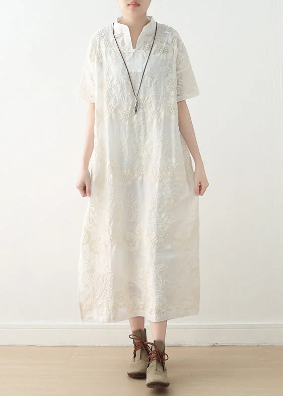 Buy Now backless dressFrench white linen outfit fine Inspiration embroidery stand collar Dresses Summer Dress