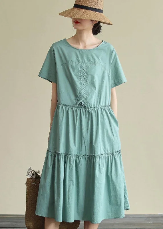 Season Finale Sale comfy maxi dress100% o neck drawstring cotton summerdresses Fabrics green Art Dresses