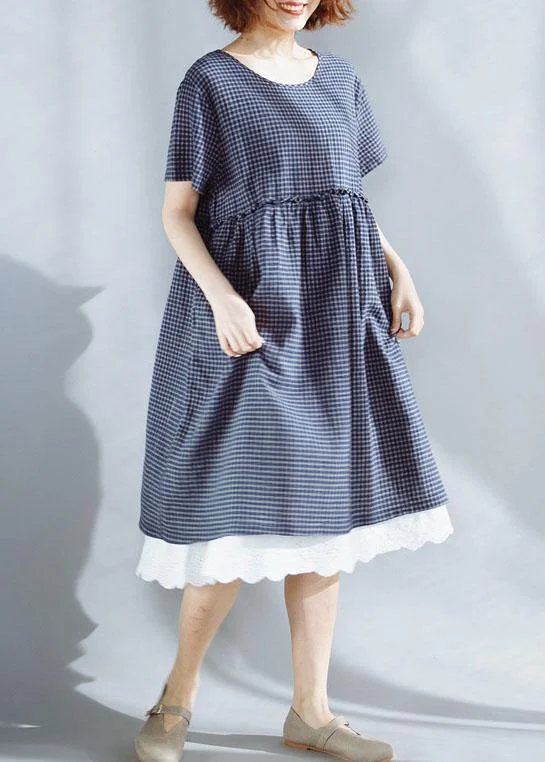 Clearance Items silk dressFrench blue o neck cotton clothes plaid ruffles Maxi summer Dresses