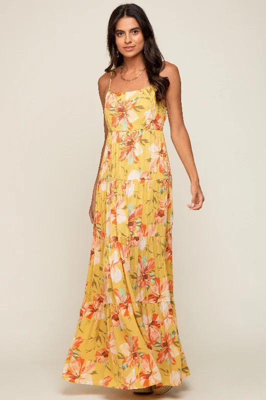Mega Sale floral wrap dressYellow Floral Sleeveless Tiered Maxi Dress