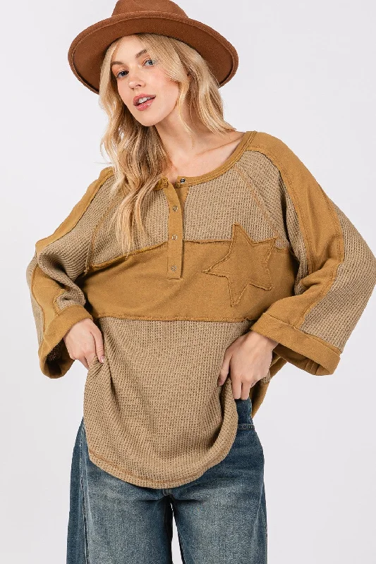 Huge Savings SAGE + FIG Star Applique Patch Exposed Seam Waffle Knit Top