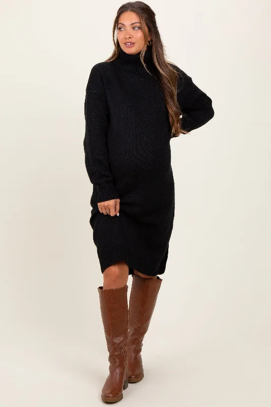 Savings Alert minimalistic dressBlack Turtleneck Side Slit Maternity Midi Sweater Dress