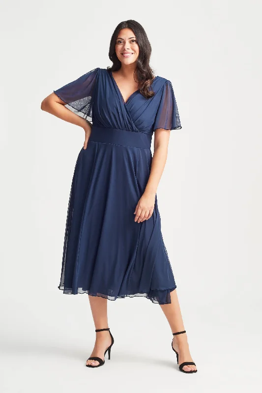 Exclusive Deal statement dressVictoria Solid Navy Angel Sleeve Mesh Midi Dress