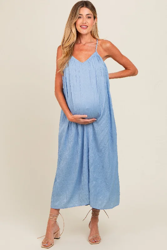 Warehouse Sale form-fitting dressLight Blue Crinkle V-Neck Cross Back Maternity Midi Dress