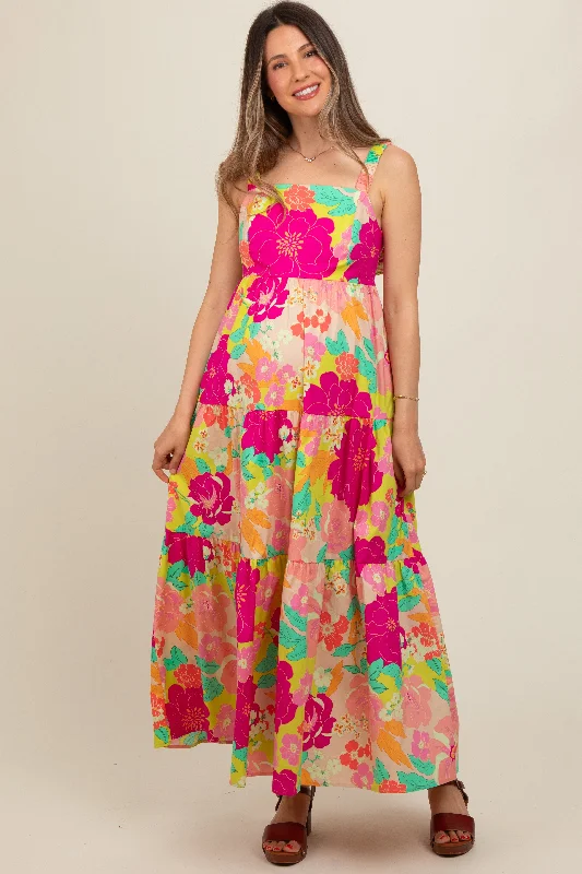 Price Rollback draped dressLime Multi-Color Floral Tiered Cutout Back Maternity Dress