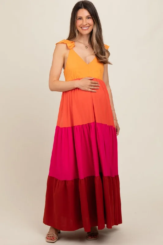 Today’s Deal boho dressOrange Colorblock Tiered Ruffle Strap Maternity Maxi Dress