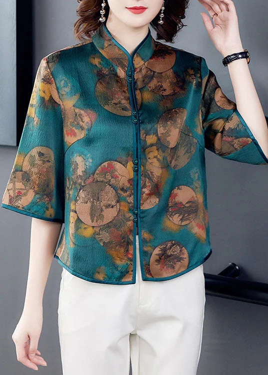 Take Advantage Boho Green Stand Collar Print Patchwork Silk Blouse Top Summer LC0277
