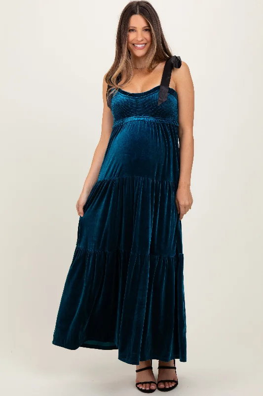 Seasonal Clearance fitted bodycon dressDeep Teal Velvet Smocked Satin Shoulder Tie Maternity Maxi Dress