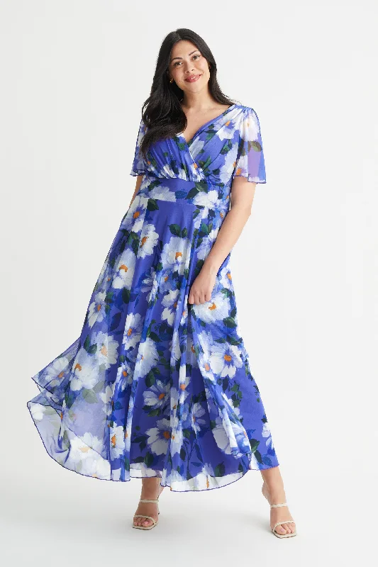 Limited Stock high-waisted dressIsabelle Blue Daisy Float Sleeve Maxi Dress