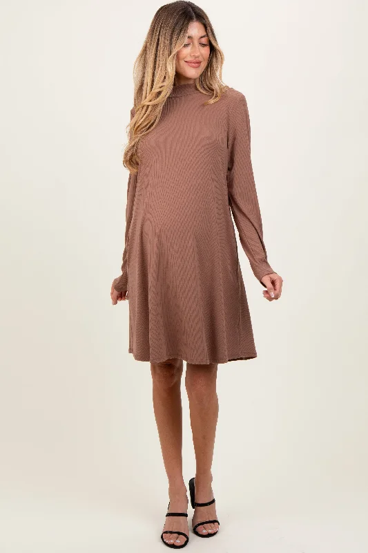 Value Deals t-shirt dressMocha Ribbed Mock Neck Long Sleeve Basic Maternity Dress