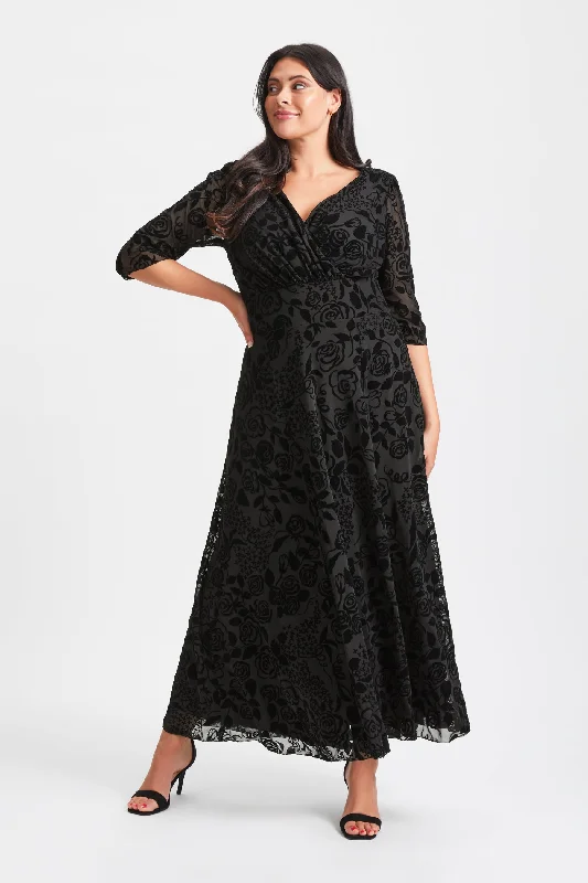 Last Chance flowy dressVerity Black Velvet Flock Maxi Gown
