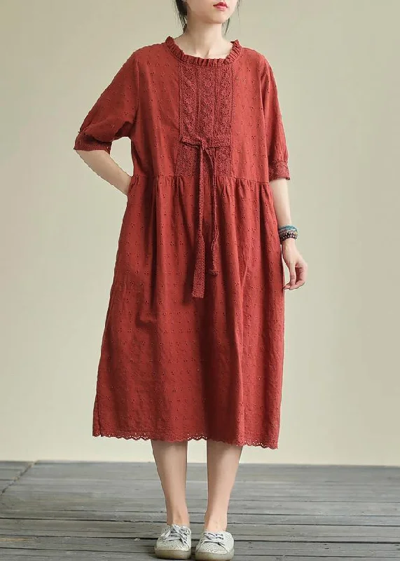 Savings Bonanza mini dressFrench o neck tie waist cotton summer clothes Neckline red Maxi Dresses