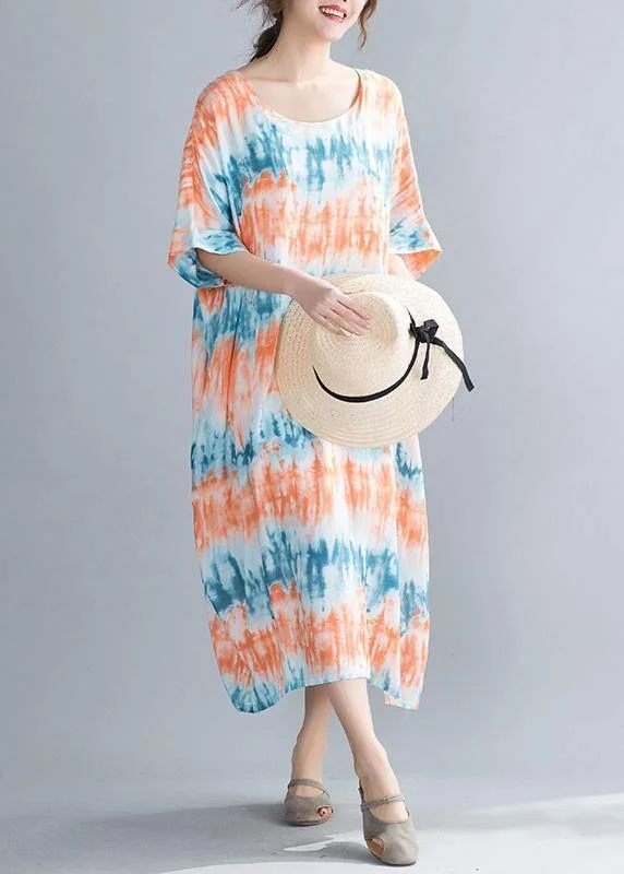 Discount Mania floral midi dressDIY orange print cotton dresses o neck Batwing Sleeve Maxi summer Dress