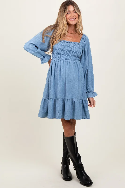 Online Exclusive one-shoulder dressLight Blue Vintage Wash Chambray Smocked Maternity Midi Dress