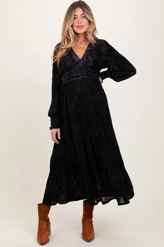 Customer Appreciation Sale midi dressBlack Floral Velvet Overlay Maternity Maxi Dress
