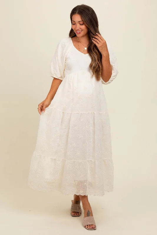 Deal Dash boho dressCream Floral Puff Sleeve Maternity Midi Dress