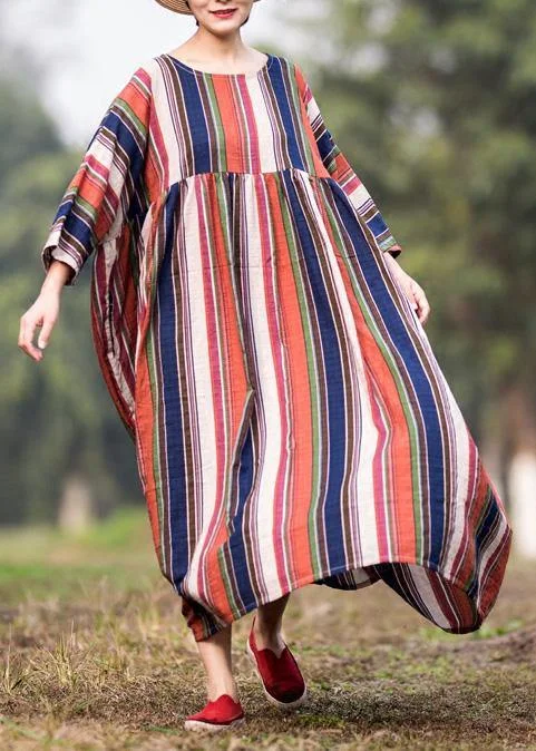 TIME-Limited Offer tiered dressLoose multicolor striped cotton clothes Extra large hem o neck Maxi summer Dresses