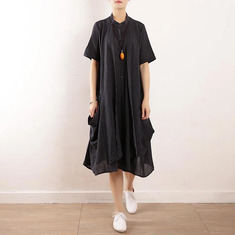 Savings Event stylish party dressChic stand collar pockets cotton linen v neck quilting dresses Tunic Tops black striped Dresses