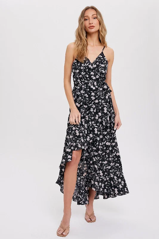 Massive Deals cocktail party dressBlack Floral Flounce Hi-Lo Wrap Maxi Dress