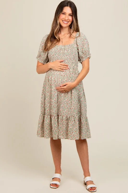 Special Savings fitted bodycon dressLight Olive Floral Smocked Maternity Dress
