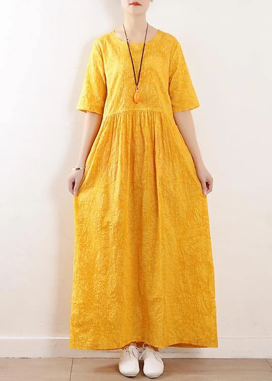 Epic Deals stylish dressFrench o neck half sleeve cotton linen summer Robes yellow Dress