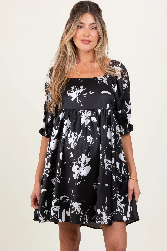 Special Savings velvet dressBlack Satin Floral Square Neck Maternity Mini Dress