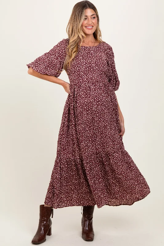 Closeout casual knit dressBurgundy Floral Puffed Short Sleeve Maternity Maxi Dress
