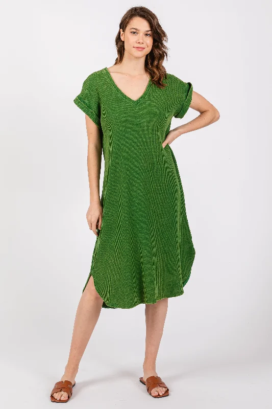Flash Deals casual midi dressGreen Waffle Knit Short Sleeve Dress