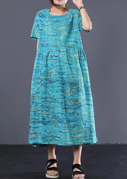 Deep Discounts formal dressDIY blue linen dresses prints loose summer Dress
