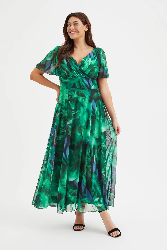 Limited Availability fitted bodycon dressIsabelle Green Rose Float Sleeve Maxi Dress