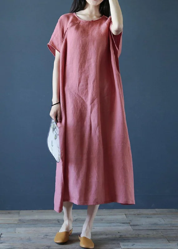 Closeout Sale pleated dressLoose o neck short sleeve linen dresses Sewing pink Dresses