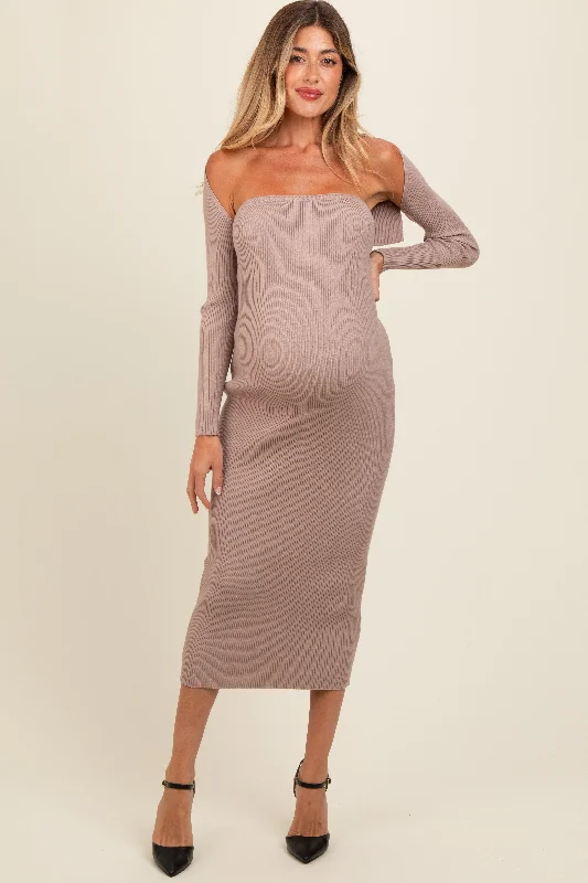 Midnight Madness boho-chic dressTaupe Knit Shrug Fitted Maternity Midi Dress