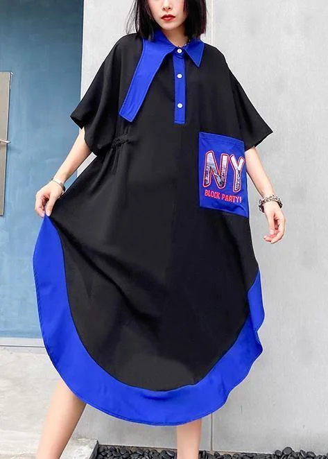 Reduced Prices wrap-around dressChic lapel asymmetric cotton summer dresses pattern black cotton Dress