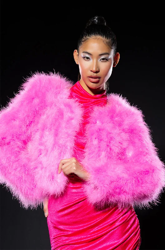 Bonus Savings classic trench coatCROPPED FEATHER JACKET IN PINK