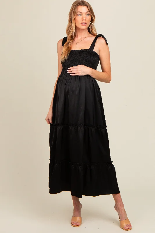 Bonus Savings casual day dressBlack Satin Smocked Maternity Maxi Dress