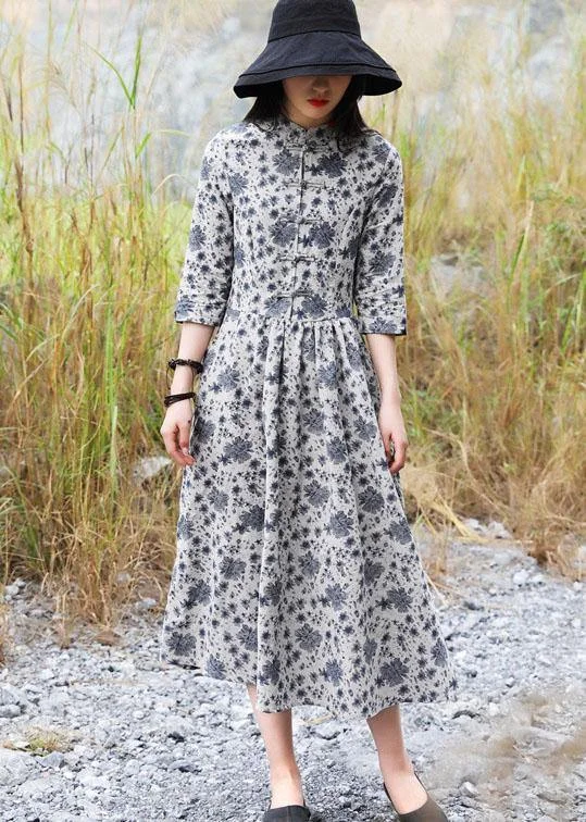 New Markdowns elegant shift dressBohemian gray prints linen clothes For Women Chinese Button A Line Dress