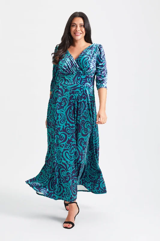 Big Discounts party dressVerity Velvet Indigo Teal Print Maxi Gown