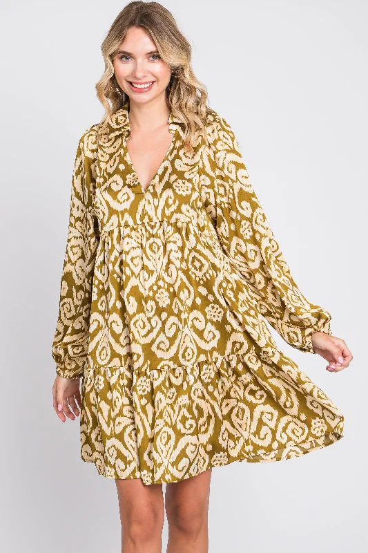Exclusive Savings textured dressOlive Print Collared Puff Sleeve Dress