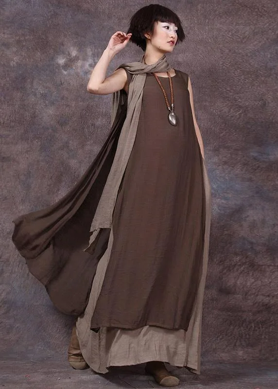 Crazy Deals floral midi dressFrench false two pieces linen dresses Neckline chocolate sleeveless Dress summer