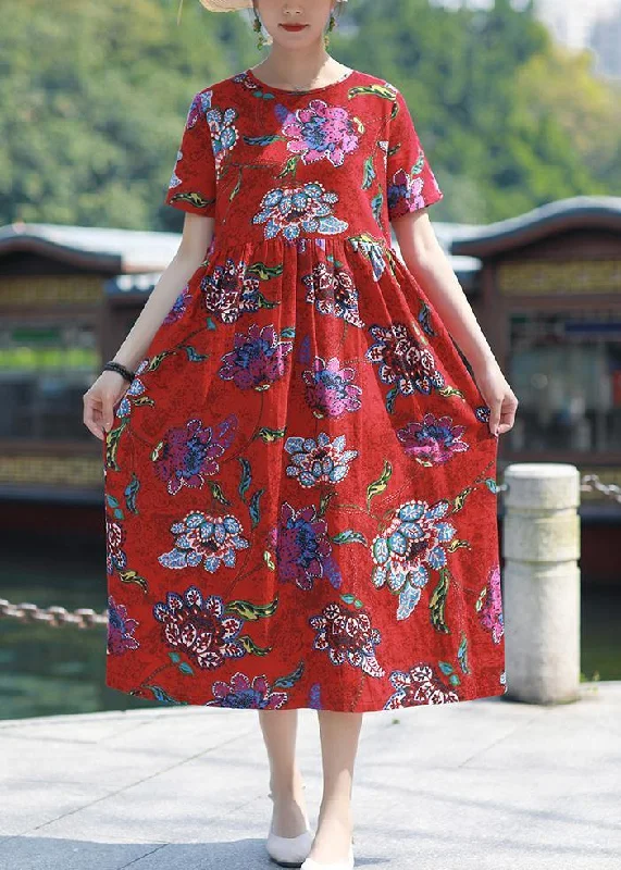Anniversary Sale stylish party dressItalian red print cotton linen dress o neck tie waist cotton robes summer Dresses