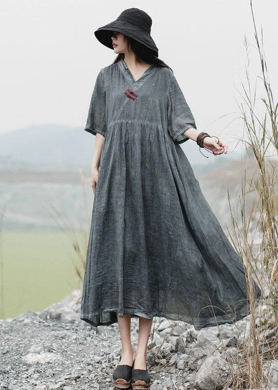 Bargain Blast trendy mini dressFrench v neck linen clothes For Women Catwalk gray Dress summer