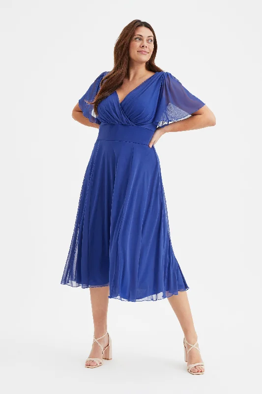 Lowest Price trendy mini dressVictoria Solid Royal Blue Angel Sleeve Mesh Midi Dress