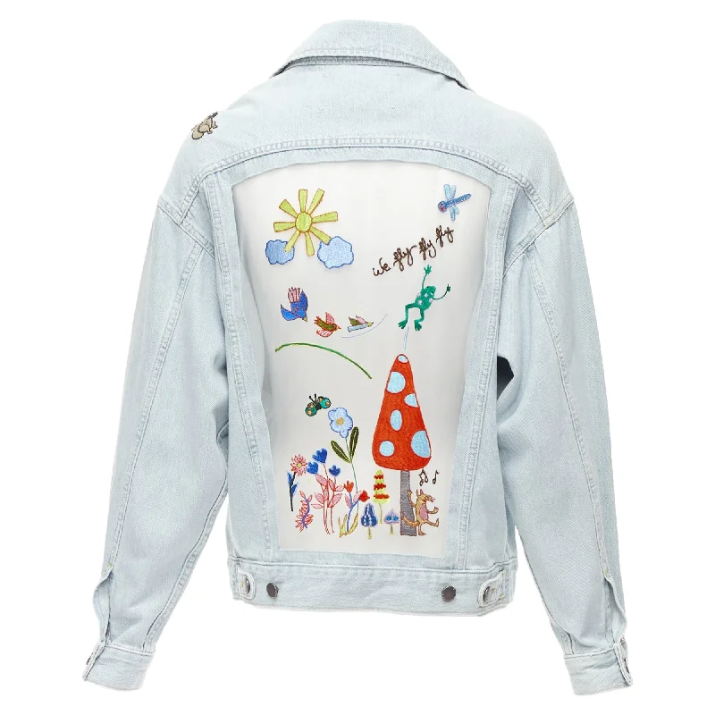 Members Only Mira Mikati Washed Denim Sheer Embroidery Oversized Jacket