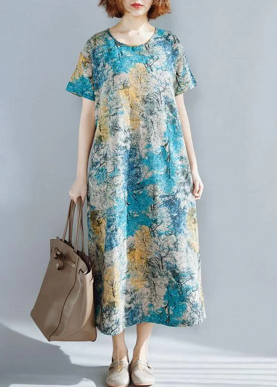 Can't Be Beat form-fitting dressItalian blue prints linen Robes short sleeve Dresses summer Dresses