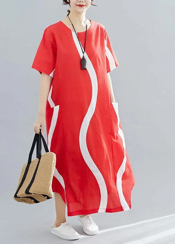 Price Reduction floral wrap dressLoose red striped cotton Tunics o neck asymmetric Traveling summer Dress